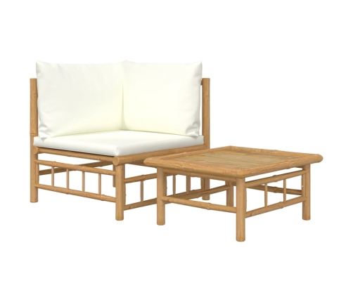 Set de muebles de jardín 2 piezas bambú y cojines blanco crema