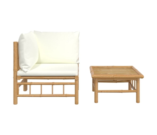 Set de muebles de jardín 2 piezas bambú y cojines blanco crema