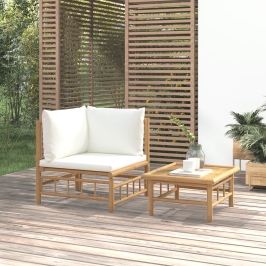 Set de muebles de jardín 2 piezas bambú y cojines blanco crema