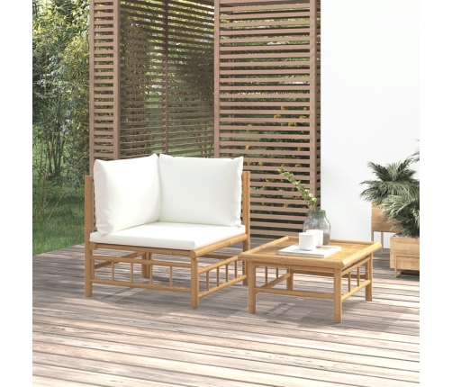 Set de muebles de jardín 2 piezas bambú y cojines blanco crema