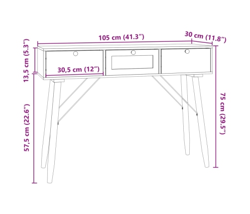 vidaXL Mesa consola con cajones madera contrachapada 105x30x75 cm