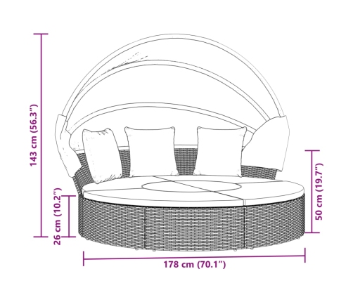 Tumbona cama de jardín con capota y cojines ratán PE marrón