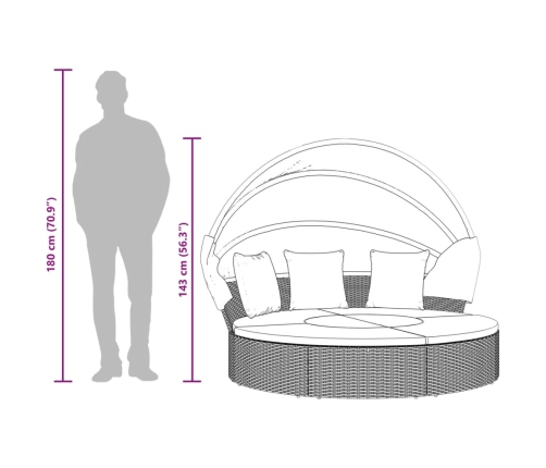 Tumbona cama de jardín con capota y cojines ratán PE marrón