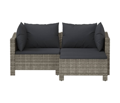 Set de muebles de jardín 3 pzas y cojines ratán sintético gris