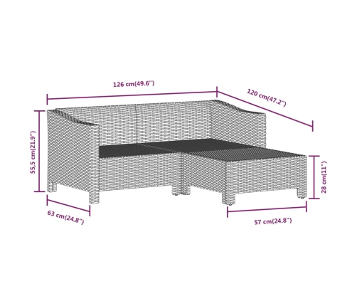 Set de muebles de jardín 3 pzas y cojines ratán sintético gris