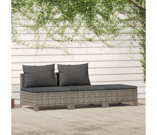 Set de muebles de jardín 3 pzas y cojines ratán sintético gris