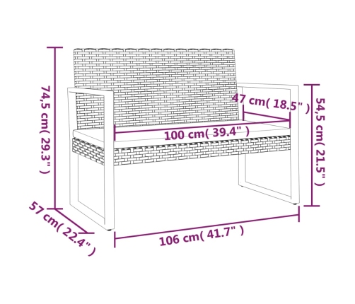 vidaXL Banco de jardín con cojines ratán sintético negro 106 cm