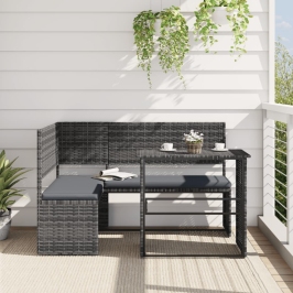 Sofá de jardín en forma de L con mesa y cojines ratán PE gris