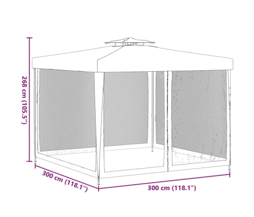 Cenador con doble techo de tela gris antracita 3x3x2,68 m