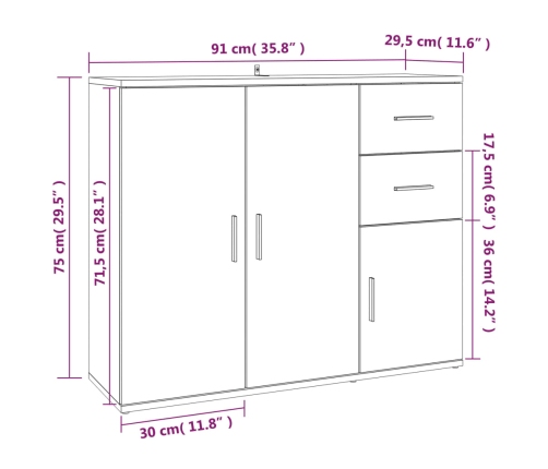 Aparador de madera contrachapada blanco brillante 91x29,5x75 cm