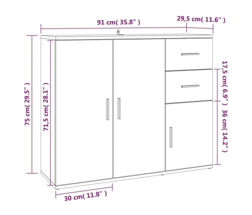 Aparador de madera contrachapada roble Sonoma 91x29,5x75 cm