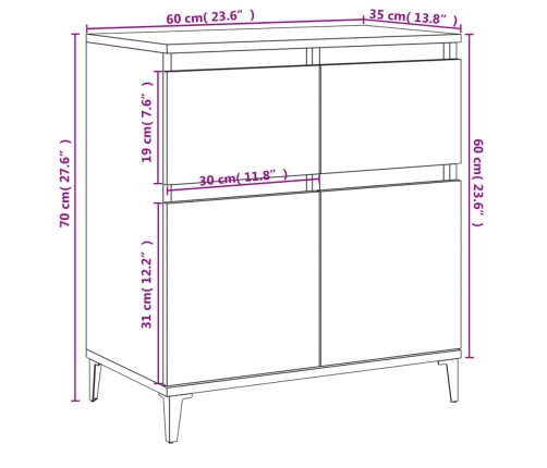 Aparador de madera contrachapada blanco brillante 60x35x70 cm