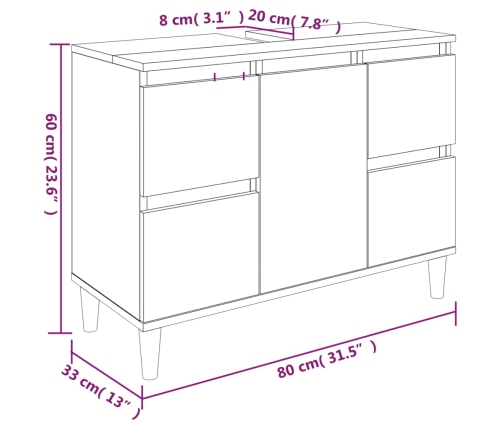 Armario de lavabo madera contrachapada roble ahumado 80x33x60cm