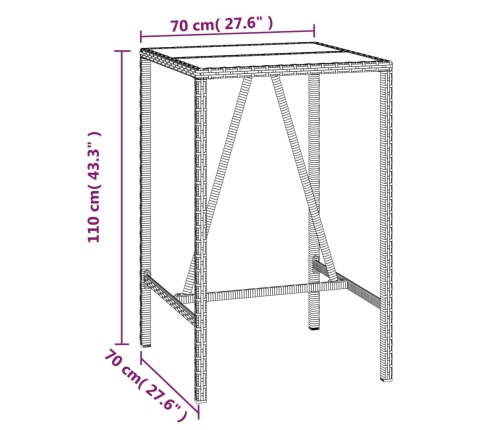 Mesa alta bar ratán PE y superficie vidrio negro 70x70x110 cm