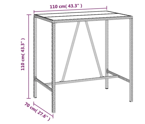 Mesa alta bar superficie vidrio ratán PE marrón 110x70x110 cm