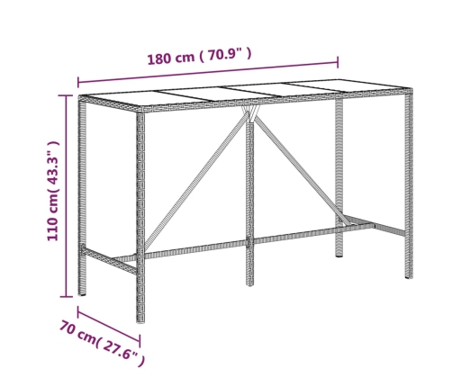 Mesa alta bar superficie vidrio ratán PE marrón 180x70x110 cm