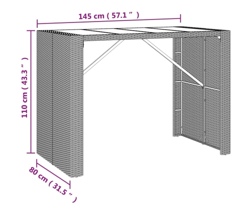 vidaXL Mesa alta bar superficie vidrio ratán PE marrón 145x80x110 cm