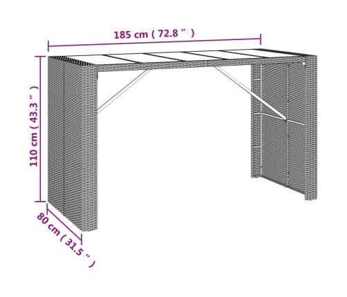 Mesa alta bar superficie vidrio ratán PE marrón 185x80x110 cm