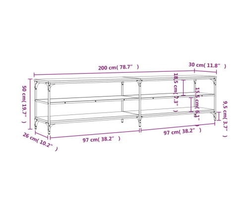 Mueble de TV metal y madera contrachapada negro 200x30x50 cm