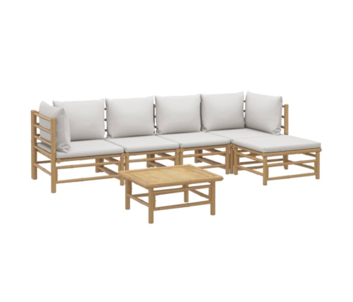 Set de muebles de jardín 6 piezas bambú con cojines gris claro