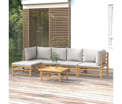 Set de muebles de jardín 6 piezas bambú con cojines gris claro