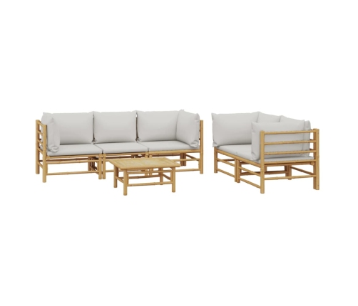 Set de muebles de jardín 6 piezas bambú con cojines gris claro