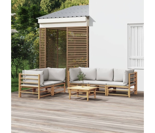 Set de muebles de jardín 6 piezas bambú con cojines gris claro