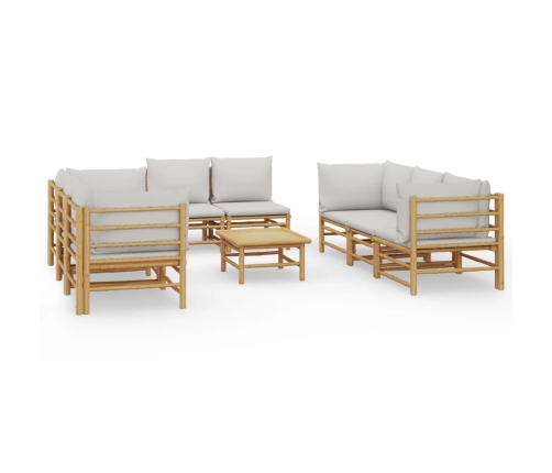 Set de muebles de jardín 9 piezas bambú y cojines gris claro