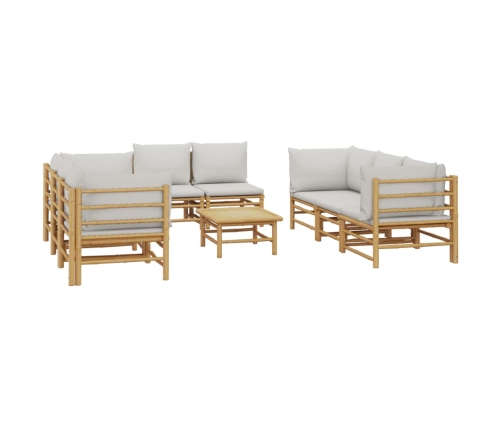 Set de muebles de jardín 9 piezas bambú y cojines gris claro