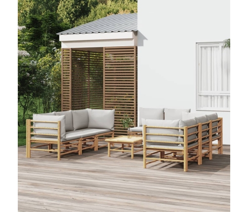 Set de muebles de jardín 9 piezas bambú y cojines gris claro