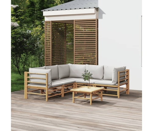 Set de muebles de jardín 6 piezas bambú con cojines gris claro