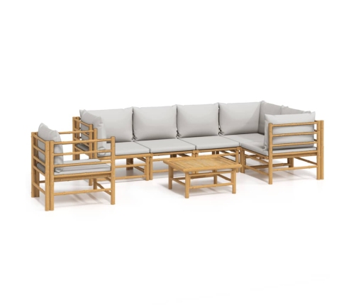 Set de muebles de jardín 7 piezas bambú y cojines gris claro