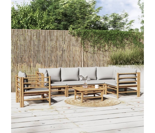 Set de muebles de jardín 7 piezas bambú y cojines gris claro