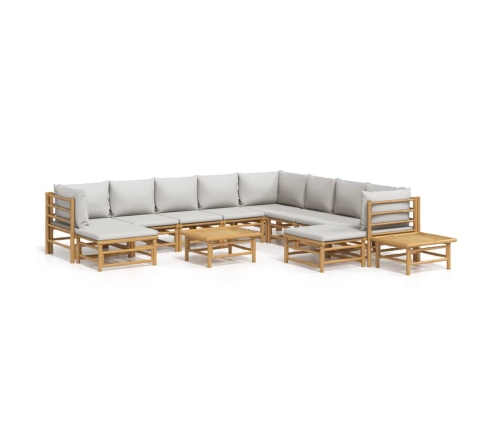 Set de muebles de jardín 12 piezas bambú y cojines gris claro
