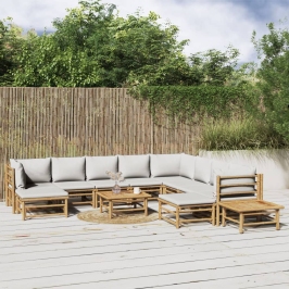 Set de muebles de jardín 12 piezas bambú y cojines gris claro