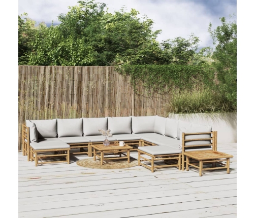 Set de muebles de jardín 12 piezas bambú y cojines gris claro