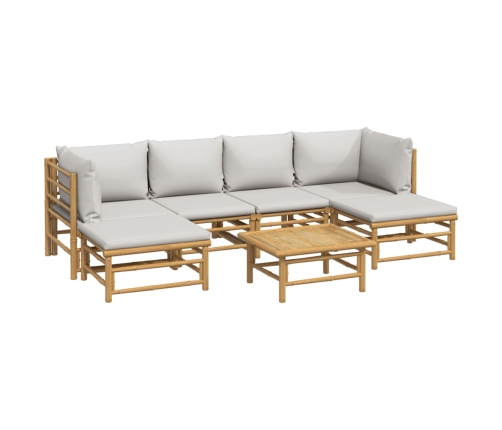 Set de muebles de jardín 7 piezas bambú y cojines gris claro