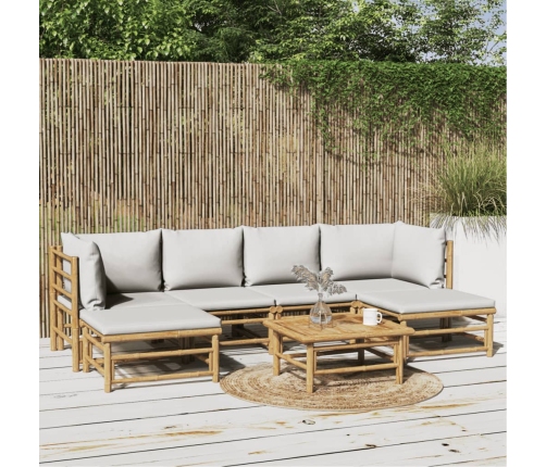 Set de muebles de jardín 7 piezas bambú y cojines gris claro