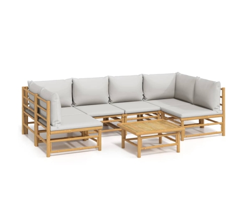 Set de muebles de jardín 7 piezas bambú y cojines gris claro