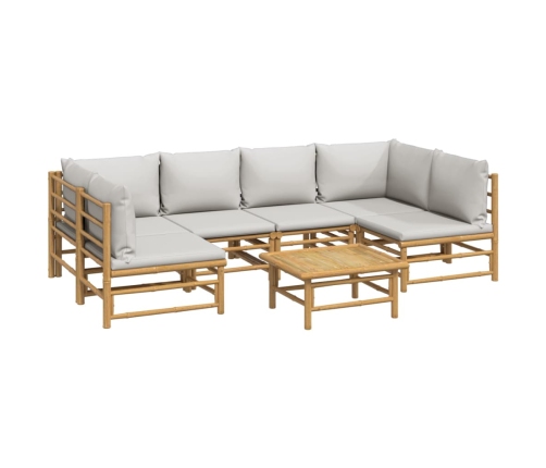 Set de muebles de jardín 7 piezas bambú y cojines gris claro