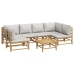 Set de muebles de jardín 7 piezas bambú y cojines gris claro