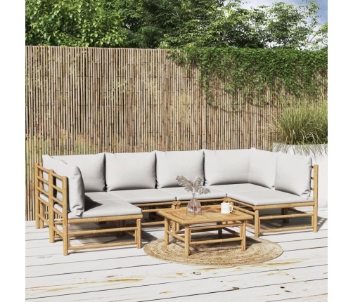 Set de muebles de jardín 7 piezas bambú y cojines gris claro