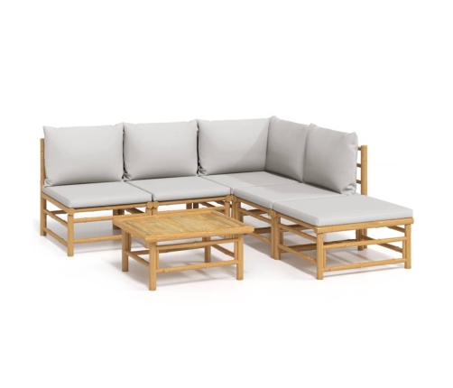 Set de muebles de jardín 6 piezas bambú con cojines gris claro