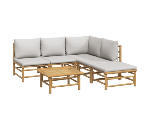 Set de muebles de jardín 6 piezas bambú con cojines gris claro
