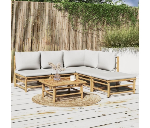 Set de muebles de jardín 6 piezas bambú con cojines gris claro