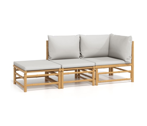 Set de muebles de jardín 3 piezas bambú y cojines gris claro
