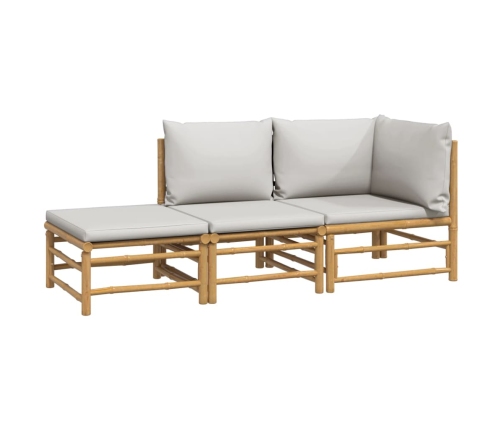 Set de muebles de jardín 3 piezas bambú y cojines gris claro