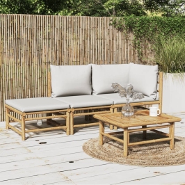 Set de muebles de jardín 3 piezas bambú y cojines gris claro