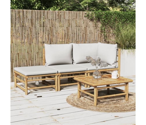 Set de muebles de jardín 3 piezas bambú y cojines gris claro