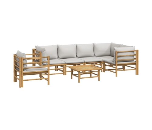 Set de muebles de jardín 7 piezas bambú y cojines gris claro